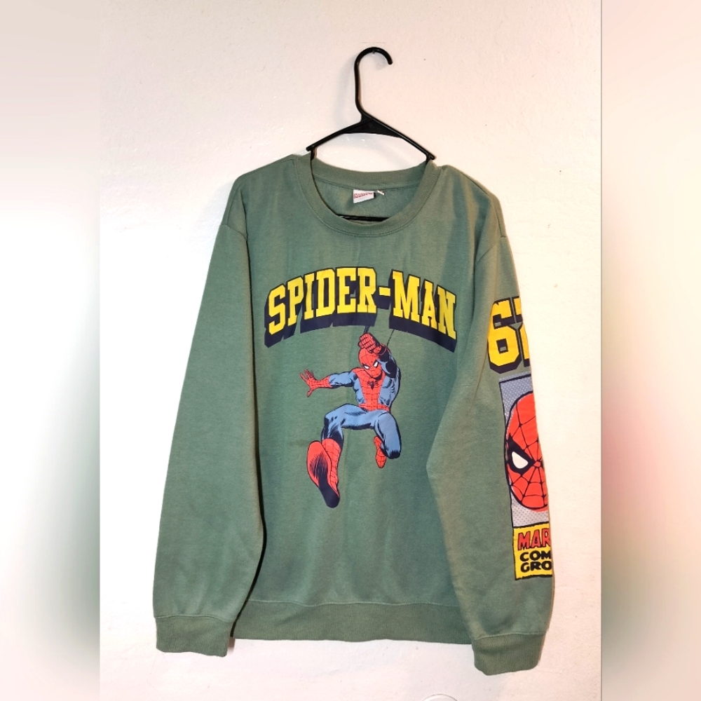 Marvel Spiderman Crew Pullover sweatshirt Men's XL Emerald Green Fleece Pre-owne